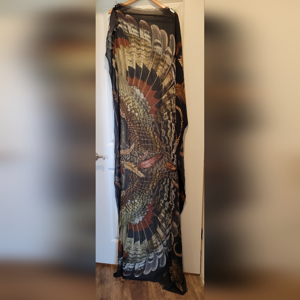 7 Foot Bohemian Feather Design Shawl Wrap With Wing Design